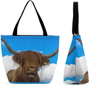 MoBlinko Lying Highland Cow Tote Bag for Women Reusable Handbags Shoulder Bags with Zipper for Yoga Grocery Gifts