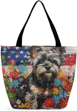 MoBlinko Patriotic 4th of July Dog Women Tote Bags Reusable Yoga Shoulder Bag Handbag with Zipper for Dog Lover Gift
