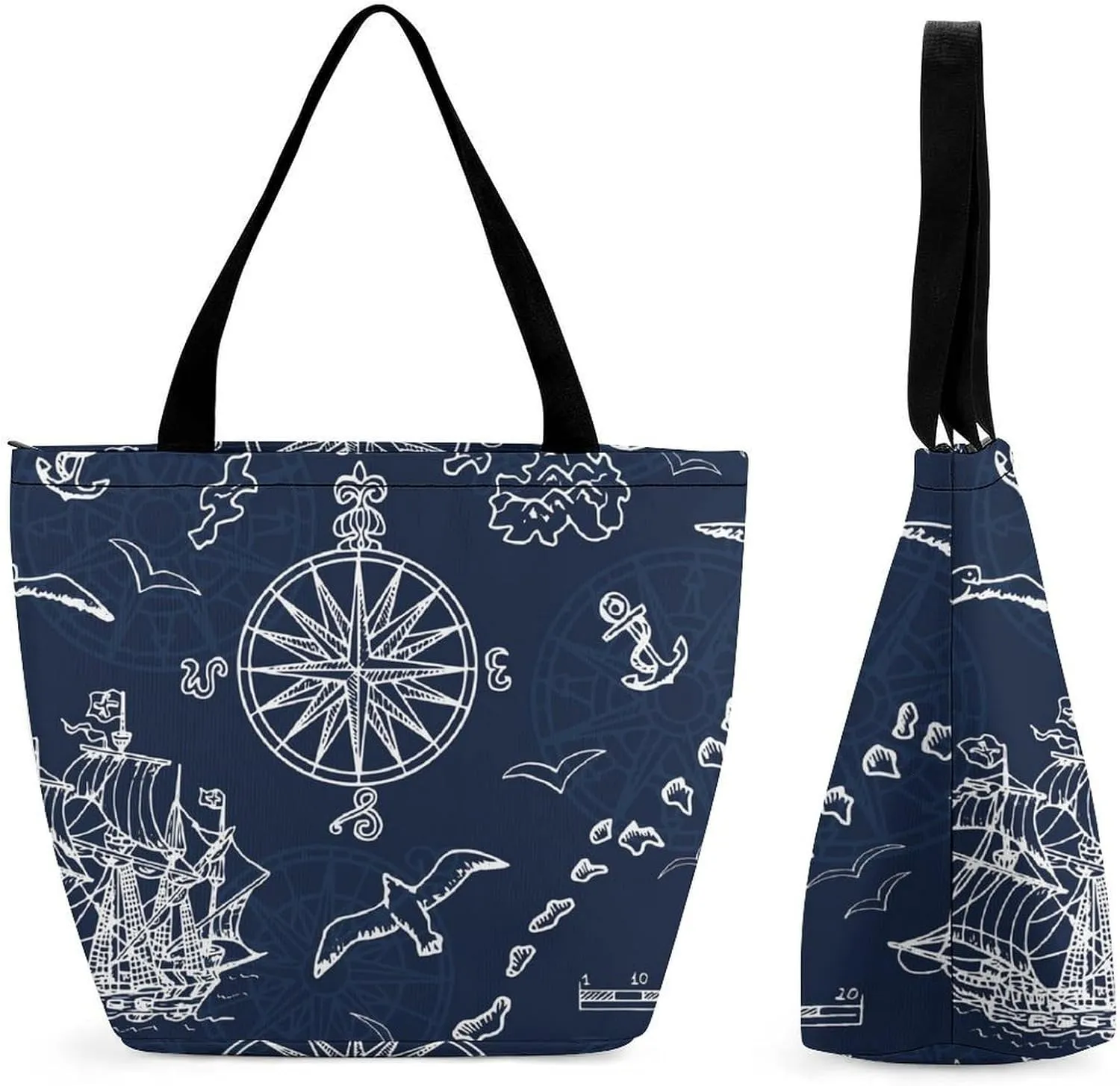 MoBlinko Retro Old Ships Compass Womens Tote Bags Reusable Yoga Shoulder Bag Handbag with Zipper for Grocery Shopping Gifts