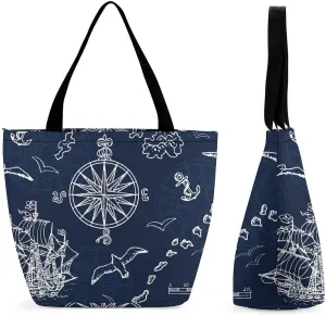 MoBlinko Retro Old Ships Compass Womens Tote Bags Reusable Yoga Shoulder Bag Handbag with Zipper for Grocery Shopping Gifts