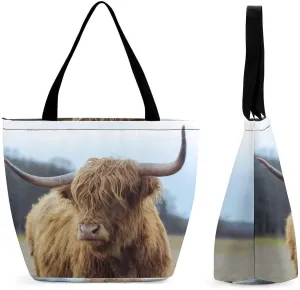 MoBlinko Scotish Highland Cattle Tote Bag for Women Reusable Handbags Shoulder Bags with Zipper for Yoga Grocery Gifts
