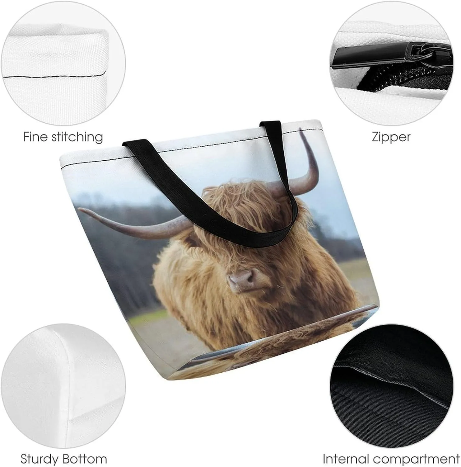 MoBlinko Scotish Highland Cattle Tote Bag for Women Reusable Handbags Shoulder Bags with Zipper for Yoga Grocery Gifts