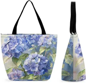 MoBlinko Spring Hydrangea Flowers Tote Bag for Women Reusable Handbags Shoulder Bags with Zipper for Yoga Grocery Gifts