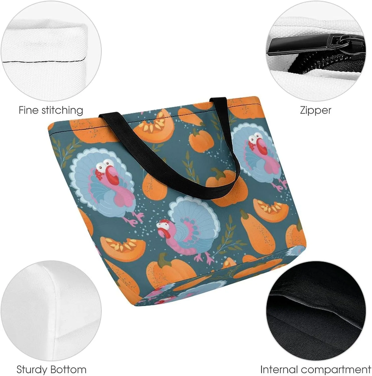 MoBlinko Thanksgiving Pumpkins Turkey Tote Bag for Women Reusable Shopping Bag Handbags Shoulder Bags with Zipper