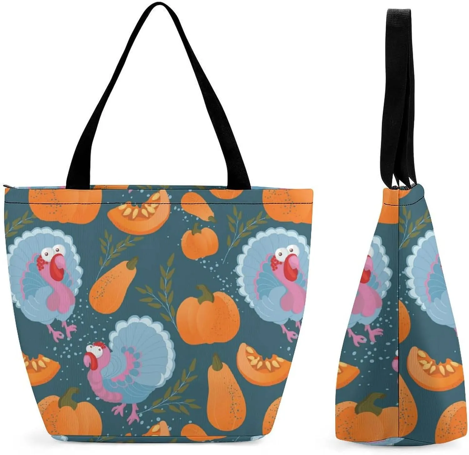 MoBlinko Thanksgiving Pumpkins Turkey Tote Bag for Women Reusable Shopping Bag Handbags Shoulder Bags with Zipper