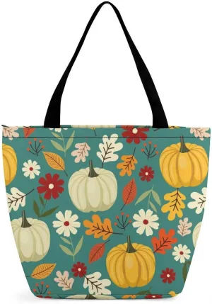 MoBlinko Thanksgiving Pumpkins Turkey Tote Bag for Women Reusable Shopping Bag Handbags Shoulder Bags with Zipper