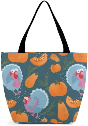 MoBlinko Thanksgiving Pumpkins Turkey Tote Bag for Women Reusable Shopping Bag Handbags Shoulder Bags with Zipper