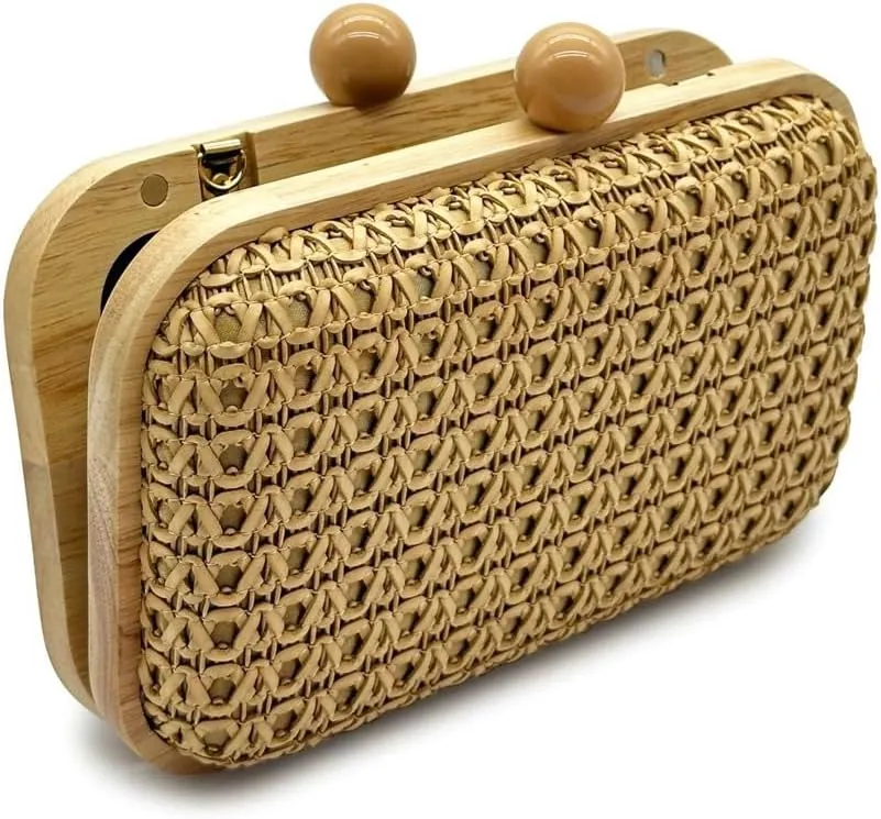 Molodo Straw Clutch for Women Small Wooden Purses Handbag Crossbody Bag for Beach Summer Travel