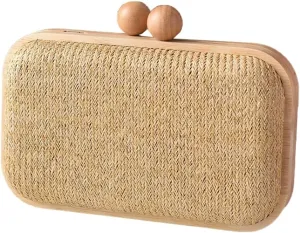 Molodo Straw Clutch for Women Small Wooden Purses Handbag Crossbody Shoulder Bag for Beach Summer Travel
