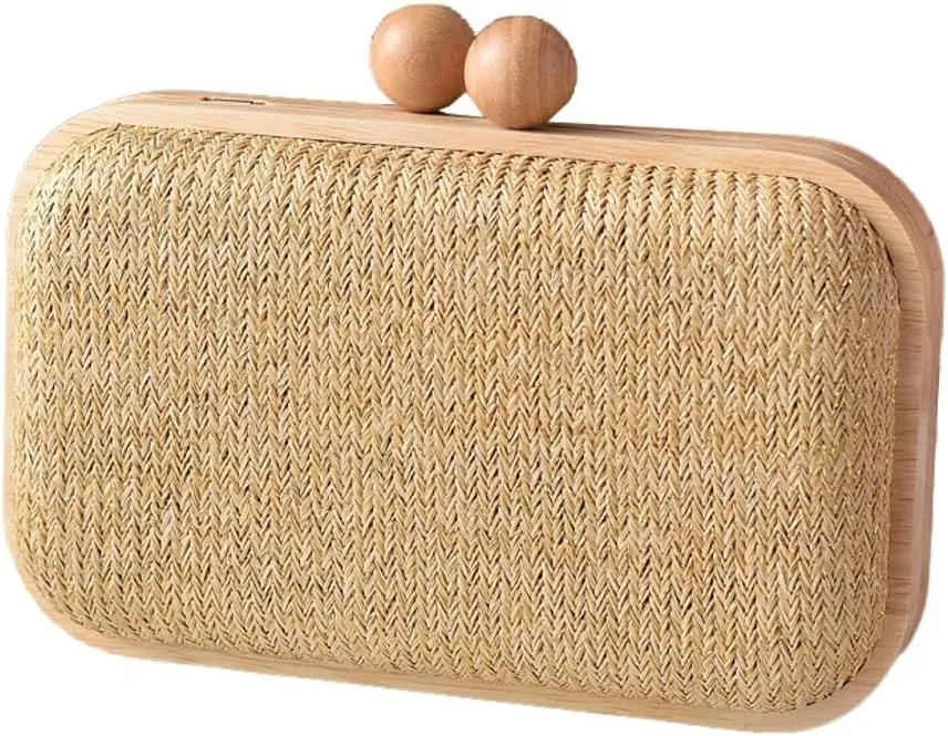 Molodo Straw Clutch for Women Small Wooden Purses Handbag Crossbody Shoulder Bag for Beach Summer Travel