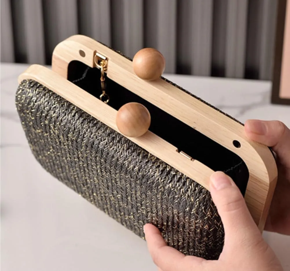 Molodo Straw Clutch for Women Small Wooden Purses Handbag Crossbody Shoulder Bag for Beach Summer Travel