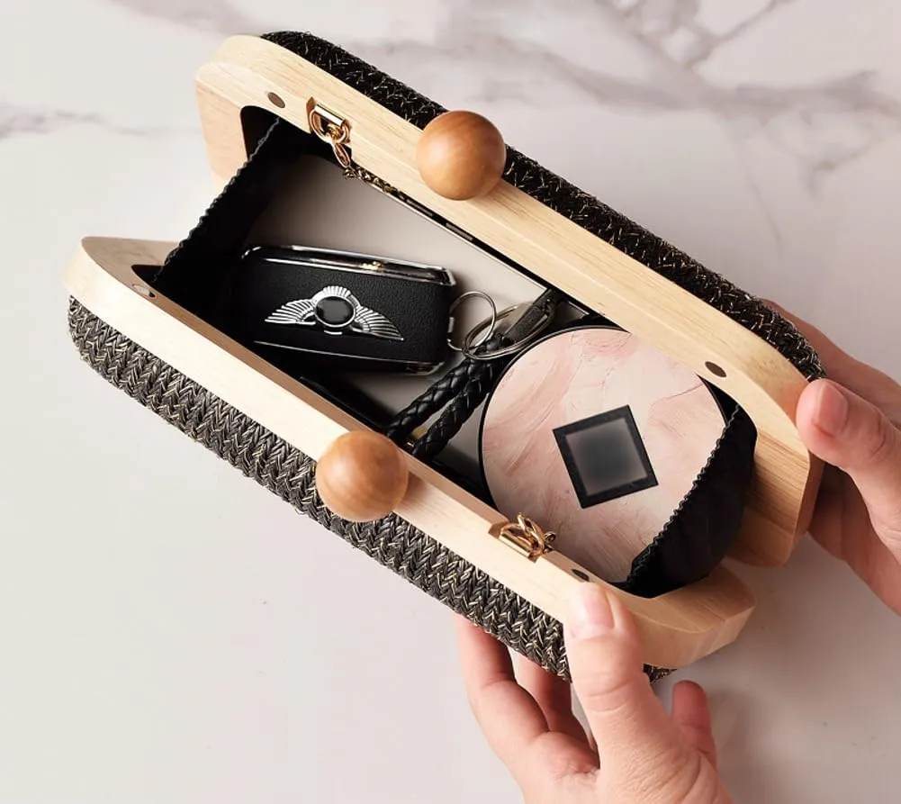 Molodo Straw Clutch for Women Small Wooden Purses Handbag Crossbody Shoulder Bag for Beach Summer Travel