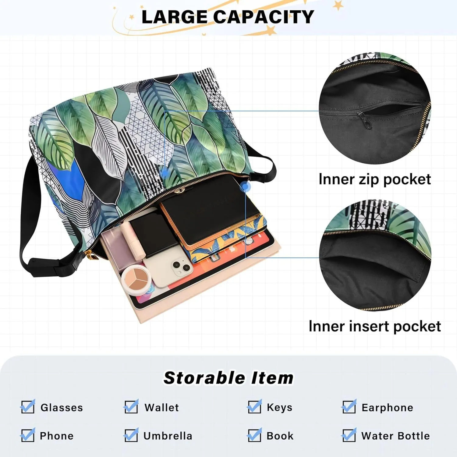 Monochrome Leafs Leather Shoulder Purse Hobo Large Cross Body Purses Art Leaf Print Women Shoulder Hobo Bag
