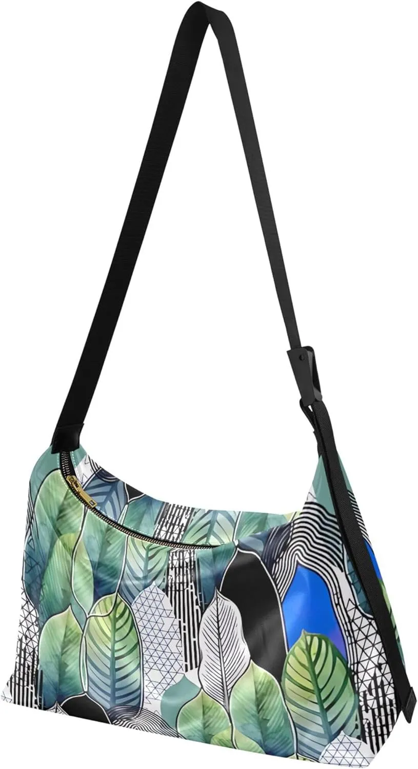 Monochrome Leafs Leather Shoulder Purse Hobo Large Cross Body Purses Art Leaf Print Women Shoulder Hobo Bag