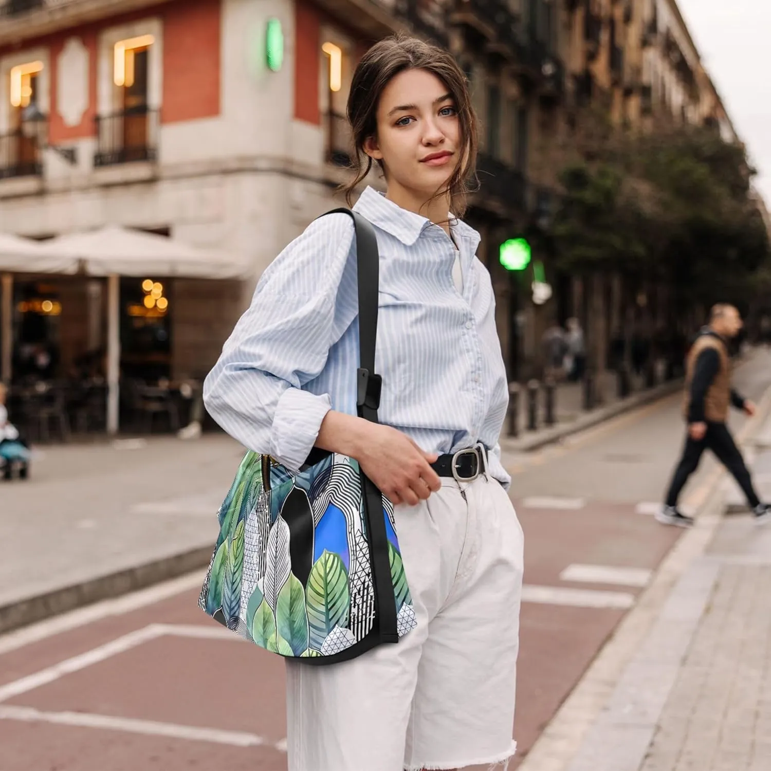 Monochrome Leafs Leather Shoulder Purse Hobo Large Cross Body Purses Art Leaf Print Women Shoulder Hobo Bag