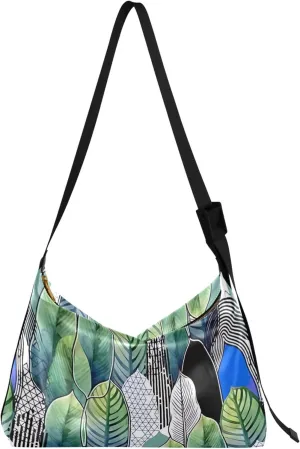 Monochrome Leafs Leather Shoulder Purse Hobo Large Cross Body Purses Art Leaf Print Women Shoulder Hobo Bag