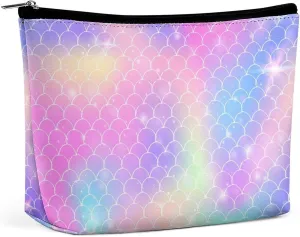 Multicolor Makeup Bag,Personalized Cosmetic Bags for Women, Colorful Wave Fish Scale Makeup Pouch,PU Leather Waterproof Makeup Bag Organizer,Birthday Gift For mother