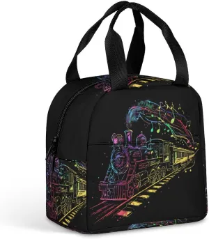 Music Notes Rainbow Steam Train Funny Reusable Lunch Bag Insulated Tote Box Cooler Food Handbags Case For Women Men 8.5 X 8 X 5 Inches