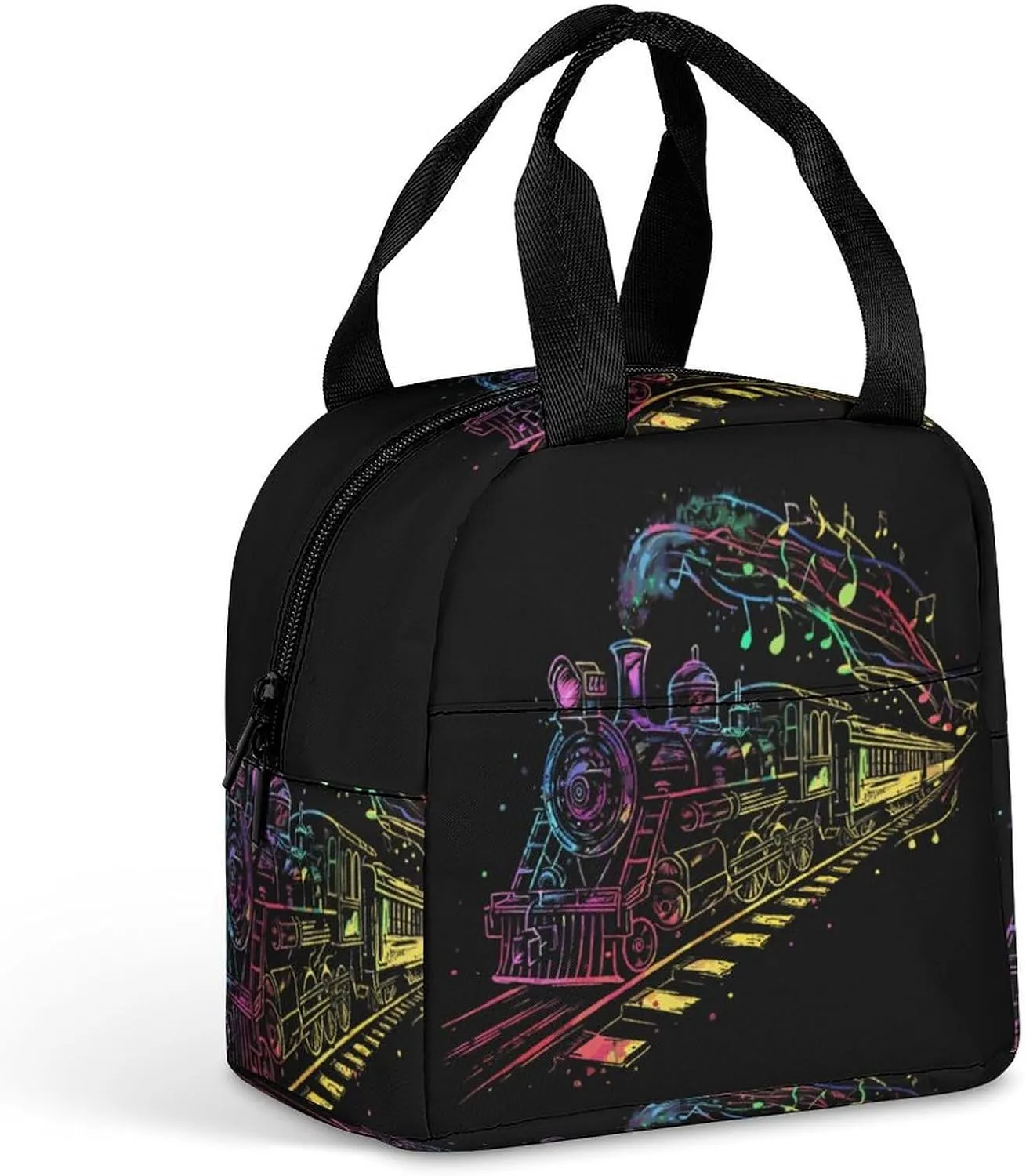 Music Notes Rainbow Steam Train Funny Reusable Lunch Bag Insulated Tote Box Cooler Food Handbags Case For Women Men 8.5 X 8 X 5 Inches