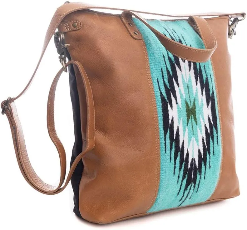 Myra Bag Shoulder Bag for Women - Western Upcycled Leather and Canvas Handbag Caramel & Teal