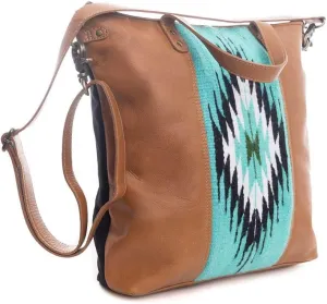 Myra Bag Shoulder Bag for Women - Western Upcycled Leather and Canvas Handbag Caramel & Teal