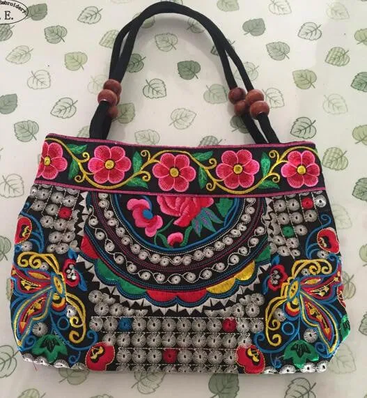 National trend embroidery bags Women  double faced flower embroidered one shoulder bag Small handbag