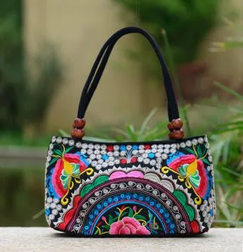 National trend embroidery bags Women  double faced flower embroidered one shoulder bag Small handbag
