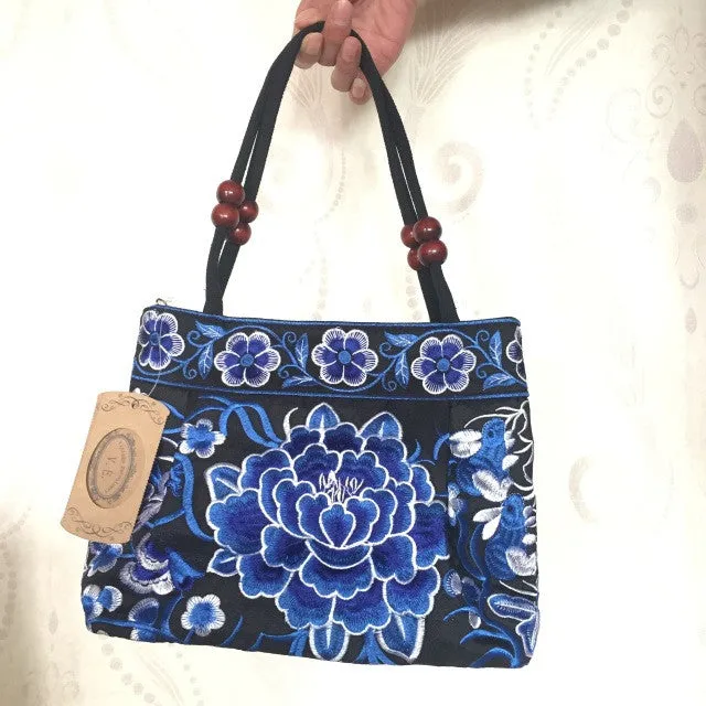 National trend embroidery bags Women  double faced flower embroidered one shoulder bag Small handbag
