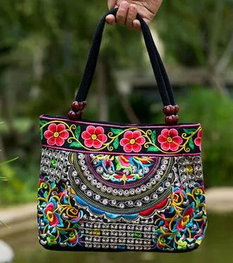 National trend embroidery bags Women  double faced flower embroidered one shoulder bag Small handbag