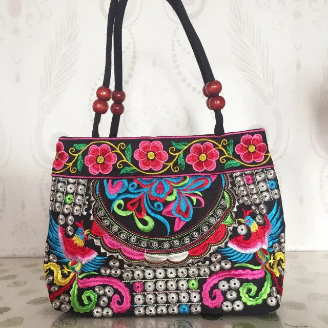 National trend embroidery bags Women  double faced flower embroidered one shoulder bag Small handbag