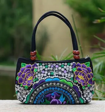 National trend embroidery bags Women  double faced flower embroidered one shoulder bag Small handbag