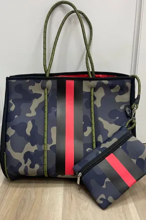 neoprene tote camo   red/black stripe w/ red inside lining