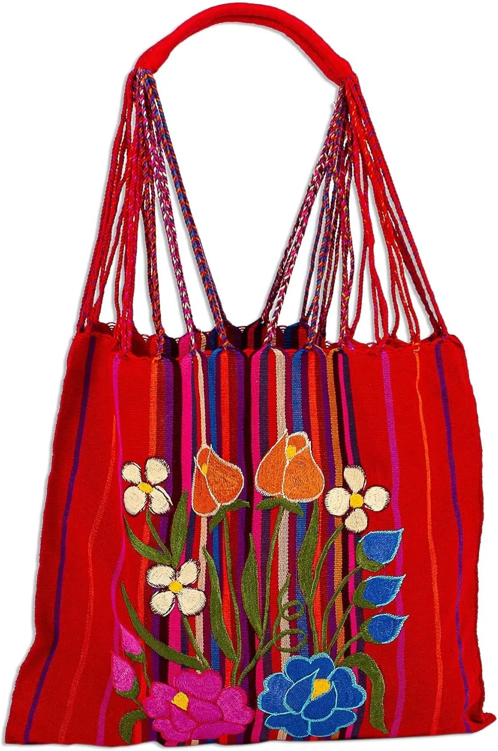 NOVICA Artisan Handwoven Cotton Tote Floral from Mexico Handbags Red Multicolor Stripedembroidered ' Rainbow Bouquet'