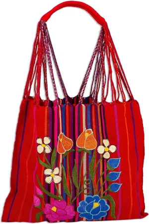 NOVICA Artisan Handwoven Cotton Tote Floral from Mexico Handbags Red Multicolor Stripedembroidered ' Rainbow Bouquet'