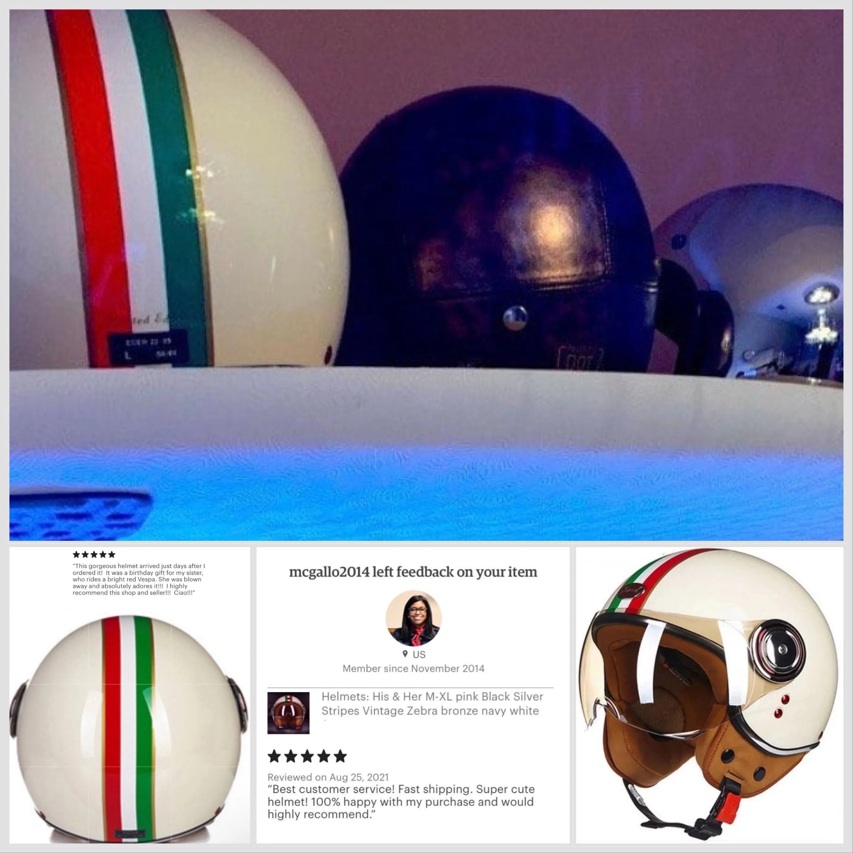 nwt Helmet His & Her M-XL Vintage Riviera cream white Italian racing stripes Black Racer Aqua Red Camel DOT motorcycle Vespa riding helmets