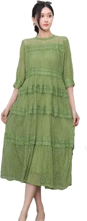 O Neck Half Sleeve Solid Color Dress Women's Mid Long Styles Clothing