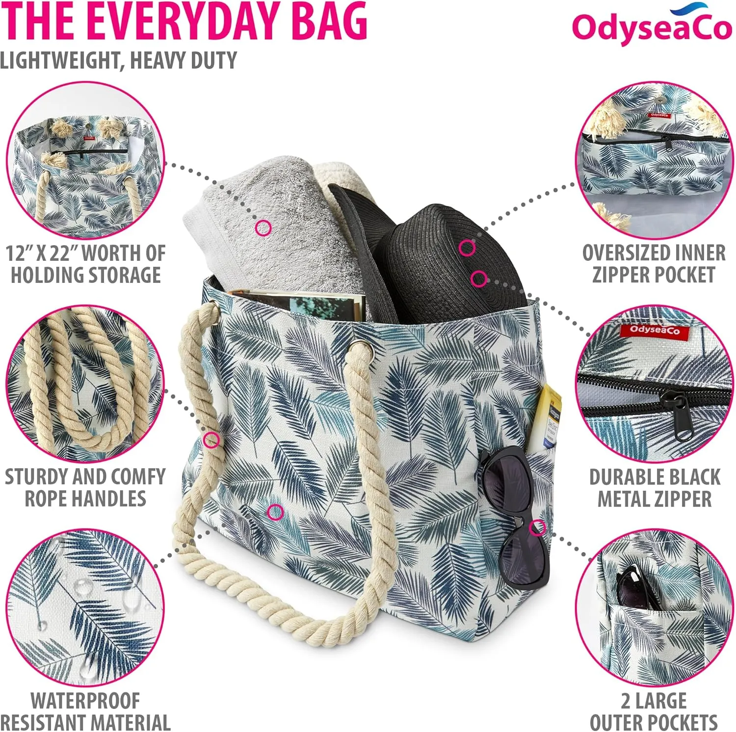 Odyseaco Beach Bag - Large Tote Bags for Women - Beach Bags Waterproof Sandproof