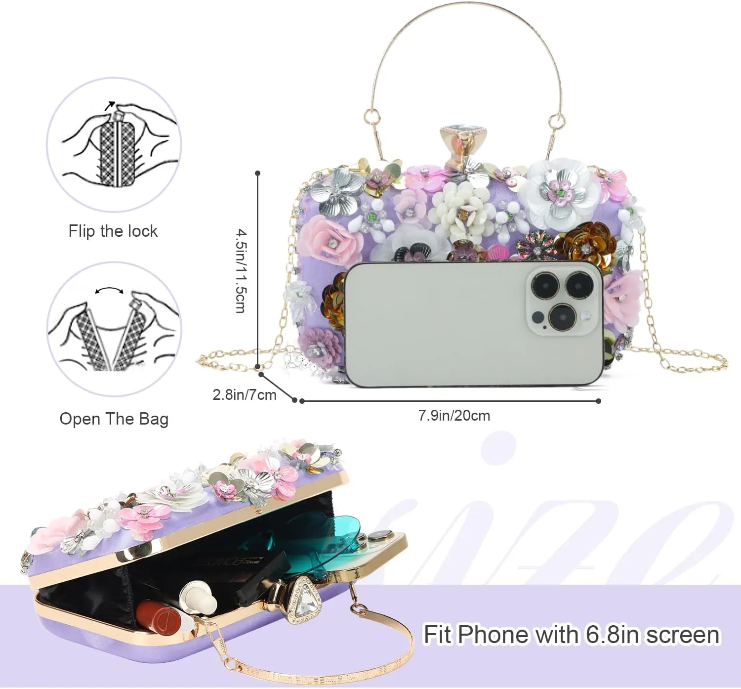Oweisong 3D Flower Clutch Purses for Women Gold Formal Wedding Party Evening Bags Chain Floral Shoulder bag