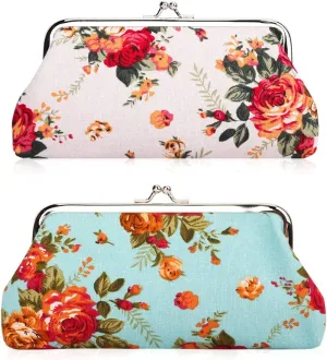 Oyachic 2 Packs Large Coin Purse Floral Cell Phone Pouch Clasp Wallet Handbags Change Pouch Clutch Buckle Vintage Kiss Lock Key Holder Women Bag