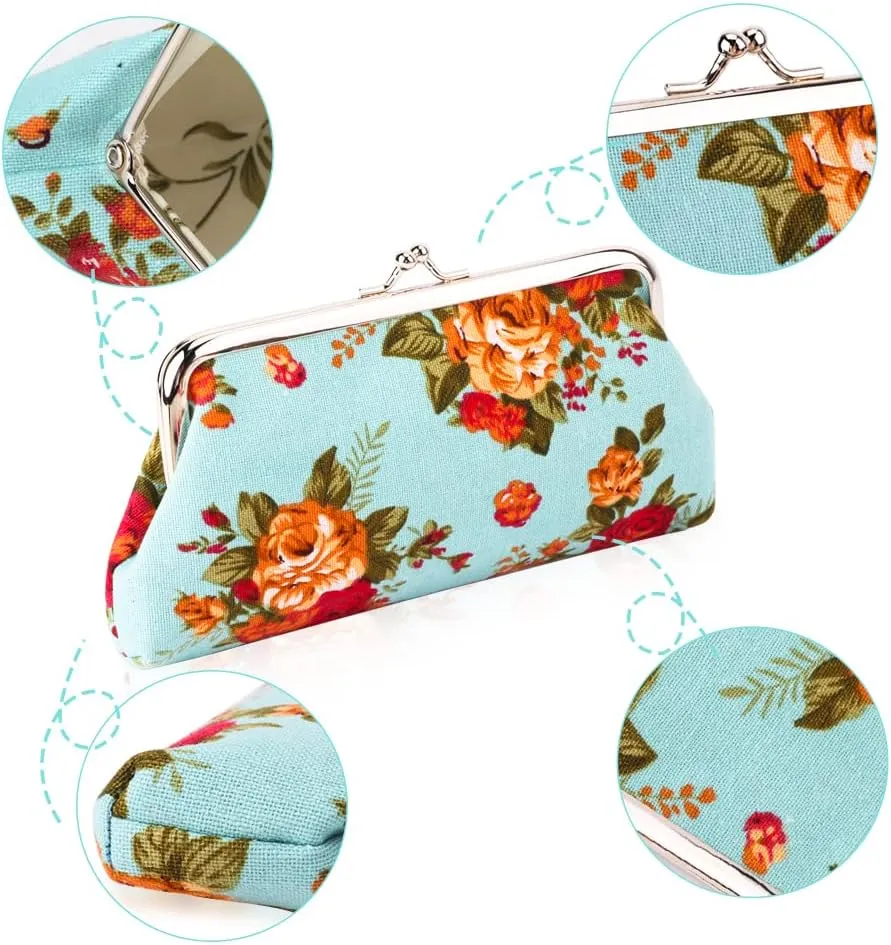 Oyachic 2 Packs Large Coin Purse Floral Cell Phone Pouch Clasp Wallet Handbags Change Pouch Clutch Buckle Vintage Kiss Lock Key Holder Women Bag
