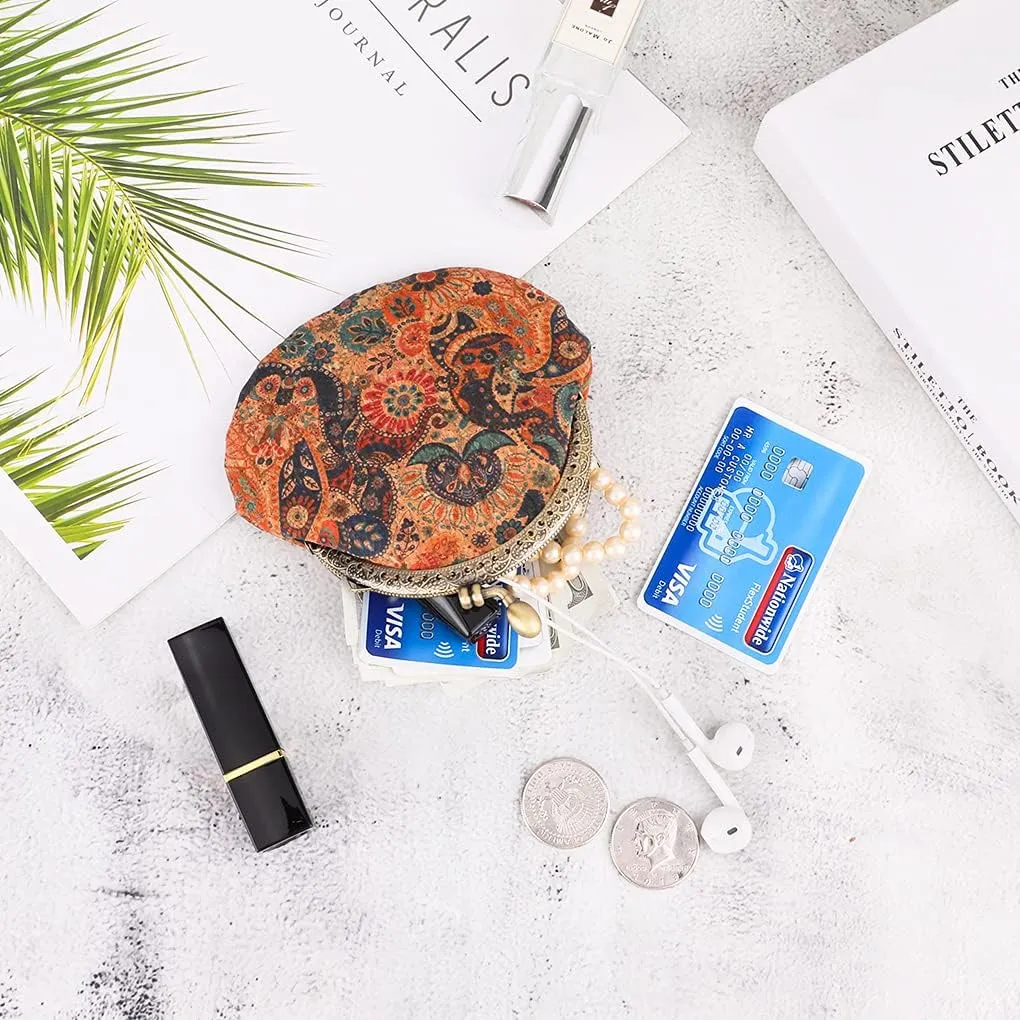 Oyachic Floral Buckle Coin Purses Vintage Pouch Kiss-lock Change Purse Wallets PU Wood Grain Key Holder Coin Bag Make Up Bag