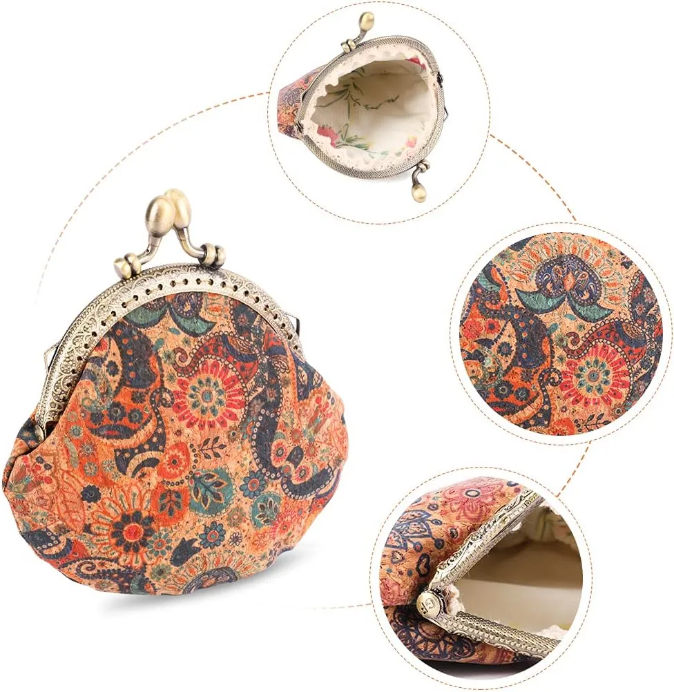 Oyachic Floral Buckle Coin Purses Vintage Pouch Kiss-lock Change Purse Wallets PU Wood Grain Key Holder Coin Bag Make Up Bag