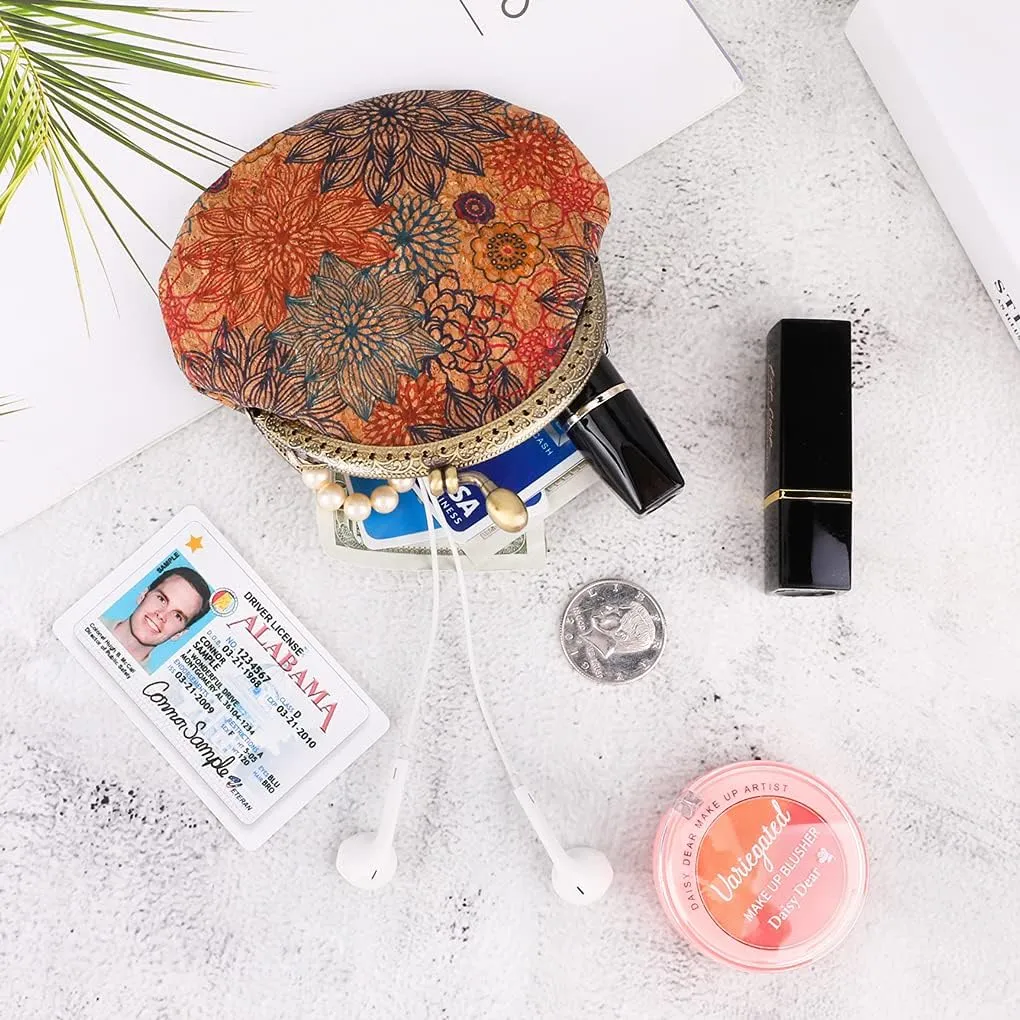 Oyachic Floral Buckle Coin Purses Vintage Pouch Kiss-lock Change Purse Wallets PU Wood Grain Key Holder Coin Bag Make Up Bag