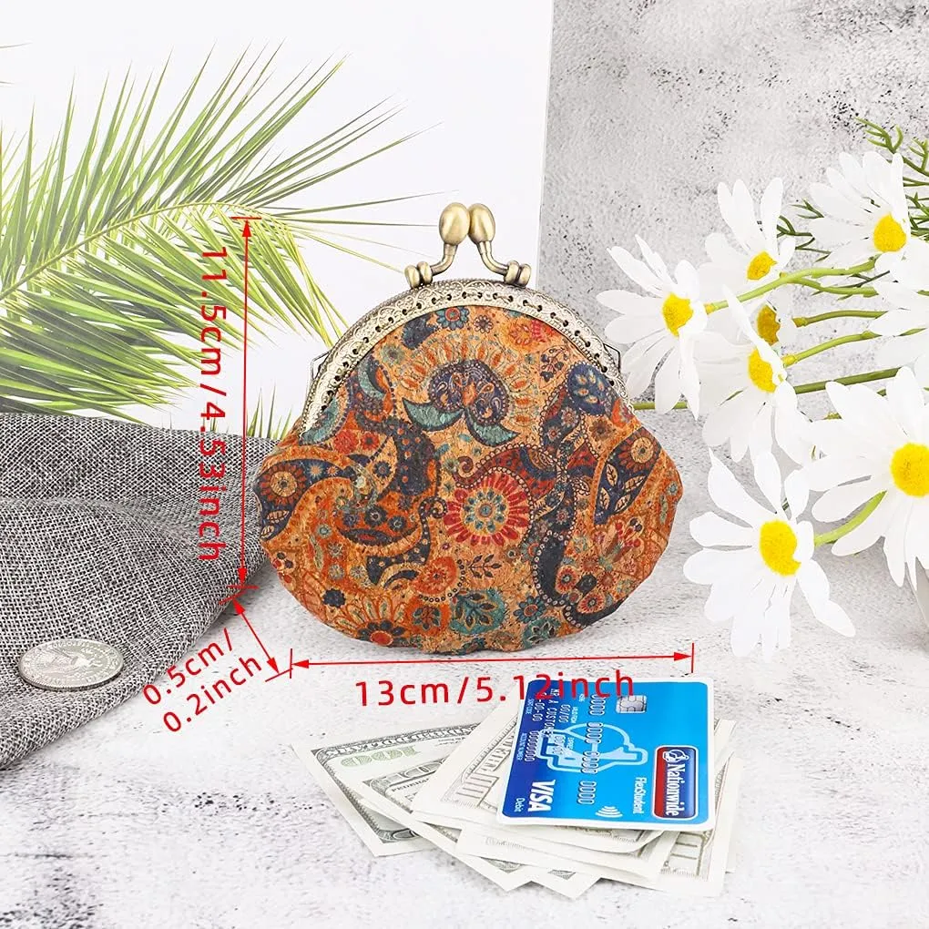 Oyachic Floral Buckle Coin Purses Vintage Pouch Kiss-lock Change Purse Wallets PU Wood Grain Key Holder Coin Bag Make Up Bag