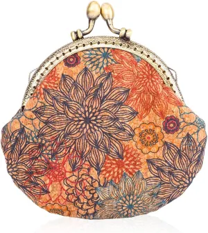 Oyachic Floral Buckle Coin Purses Vintage Pouch Kiss-lock Change Purse Wallets PU Wood Grain Key Holder Coin Bag Make Up Bag