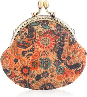 Oyachic Floral Buckle Coin Purses Vintage Pouch Kiss-lock Change Purse Wallets PU Wood Grain Key Holder Coin Bag Make Up Bag