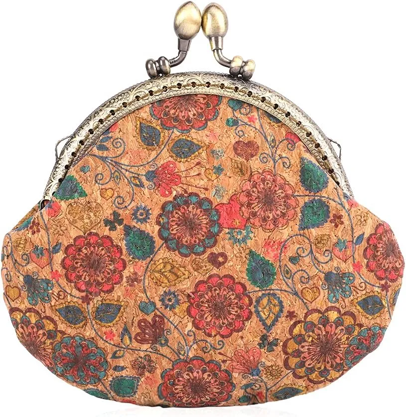 Oyachic Floral Buckle Coin Purses Vintage Pouch Kiss-lock Change Purse Wallets PU Wood Grain Key Holder Coin Bag Make Up Bag