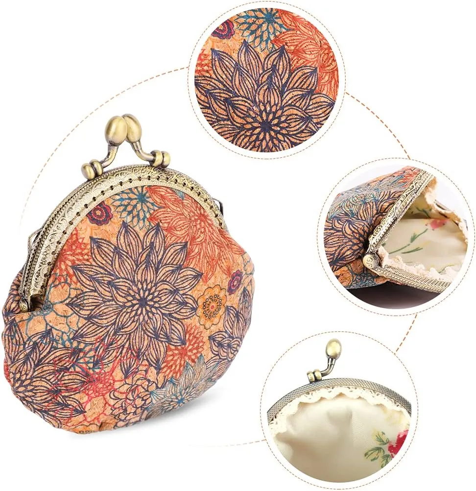 Oyachic Floral Buckle Coin Purses Vintage Pouch Kiss-lock Change Purse Wallets PU Wood Grain Key Holder Coin Bag Make Up Bag