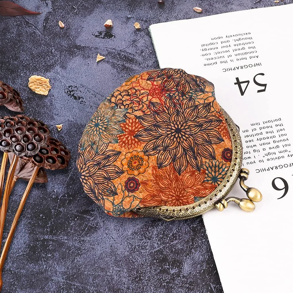 Oyachic Floral Buckle Coin Purses Vintage Pouch Kiss-lock Change Purse Wallets PU Wood Grain Key Holder Coin Bag Make Up Bag