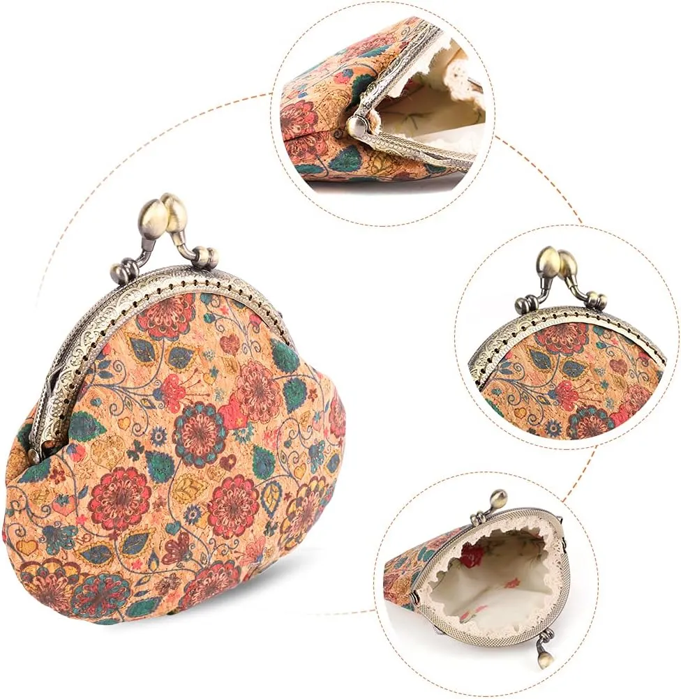 Oyachic Floral Buckle Coin Purses Vintage Pouch Kiss-lock Change Purse Wallets PU Wood Grain Key Holder Coin Bag Make Up Bag